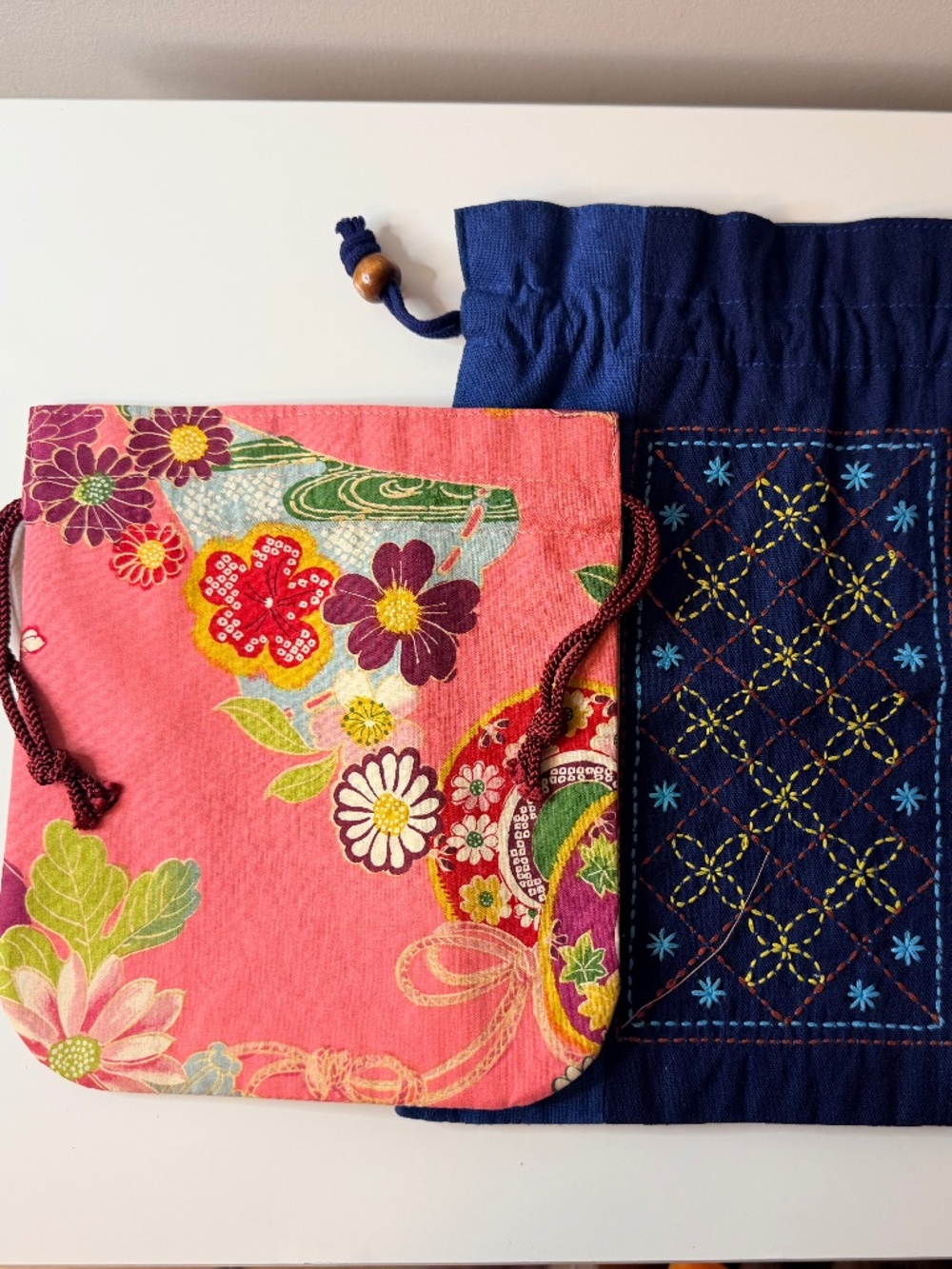 NEW Japanese Indigo Drawstring Bag & Floral Kimono Pouch Set – Traditional Cotto